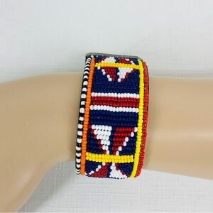 Vintage Maasai Handcrafted Beaded Black Leather Cuff Double Snap Bracelet
